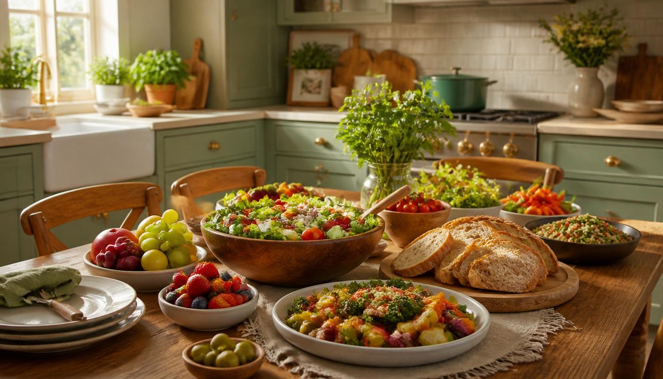 A happy family cooking together in a sunlit modern kitchen