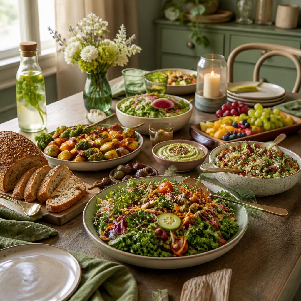 A beautifully styled table with a colorful finished dinner